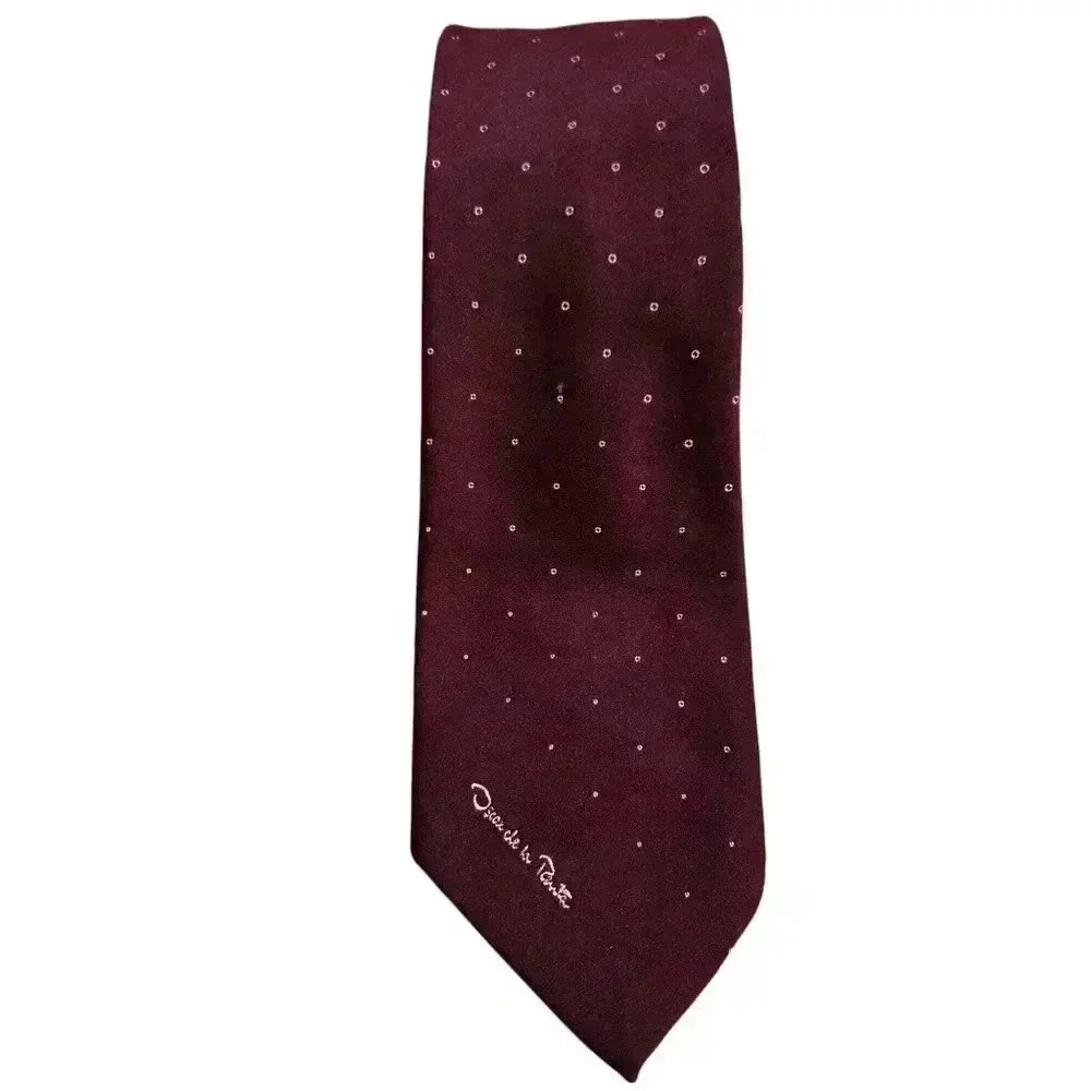 Vintage Oscar De La Renta Necktie Tie Maroon Dotted Logo Embroidery #173